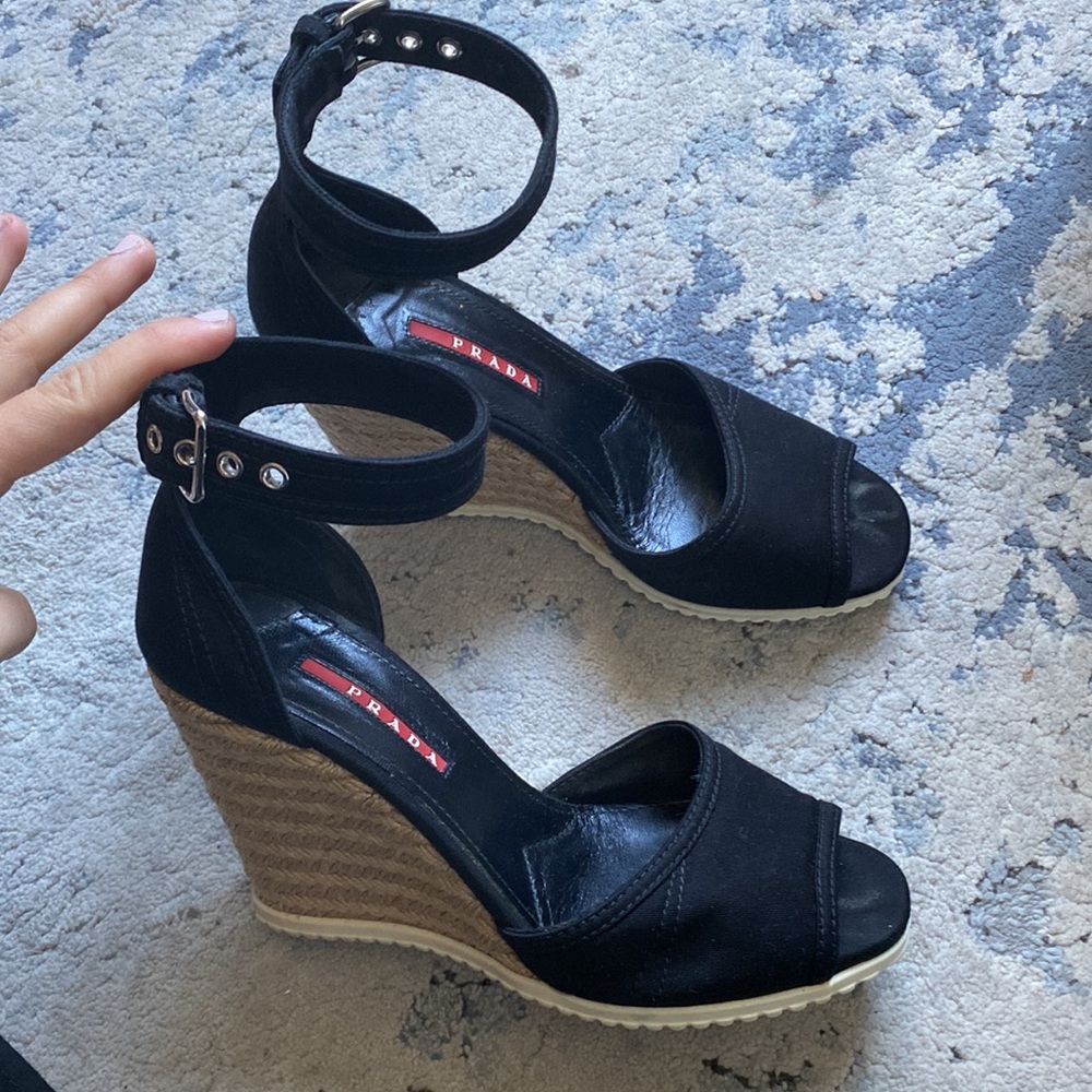 Prada Black and Tan Wedge Espadrilles Sz 38 1/2